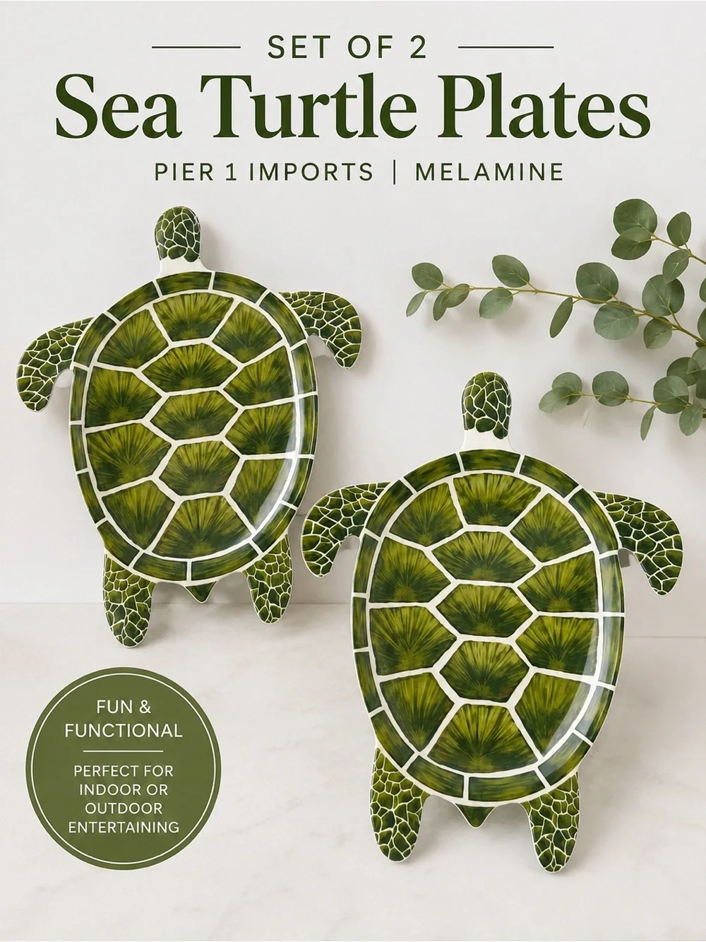 Pier 1 Imports Sea Turtle Melamine Plates Set of 2 Green Coastal Outdoor Serving